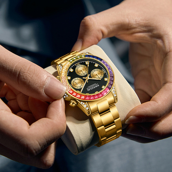 Férfi karóra KIMSDUN/Kinton K-1838B — Gyémántokkal díszített, multifunkcionális kvarcóra; kvarc mozgás Kinton; 30M vízállóság; fém tok; rozsdamentes acél karkötő; ásványi üveg