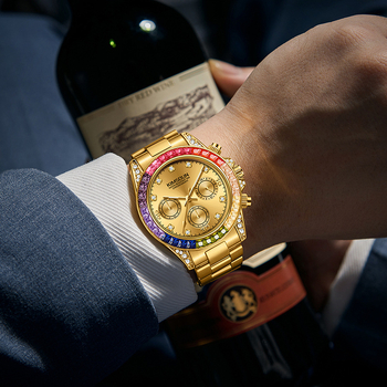 Férfi karóra KIMSDUN/Kinton K-1838B — Gyémántokkal díszített, multifunkcionális kvarcóra; kvarc mozgás Kinton; 30M vízállóság; fém tok; rozsdamentes acél karkötő; ásványi üveg