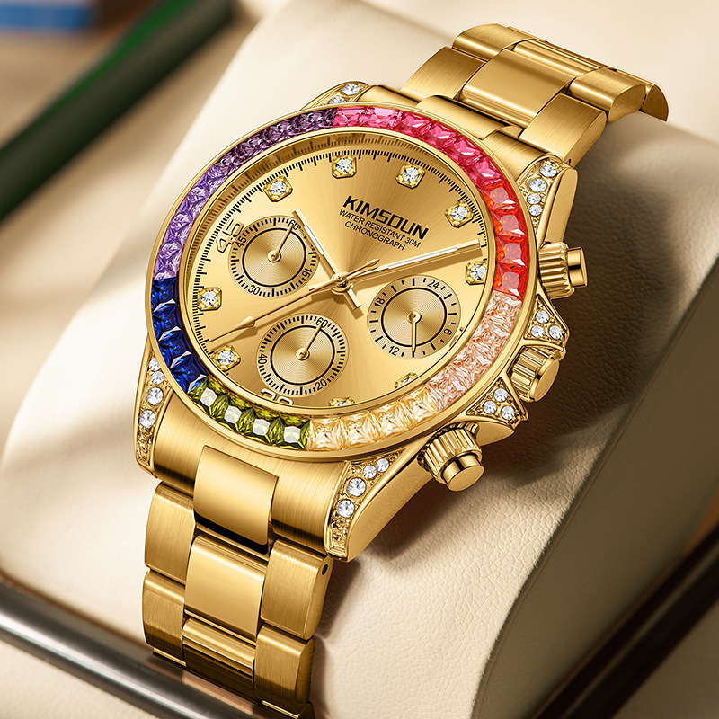 Férfi karóra KIMSDUN/Kinton K-1838B — Gyémántokkal díszített, multifunkcionális kvarcóra; kvarc mozgás Kinton; 30M vízállóság; fém tok; rozsdamentes acél karkötő; ásványi üveg