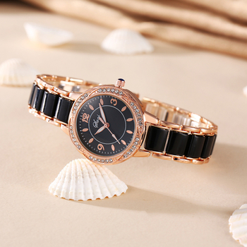 Ceas pentru femei cu curea ceramică, mișcare quartz, rezistență la apă 10 m, cadran rotund, afișaj analog