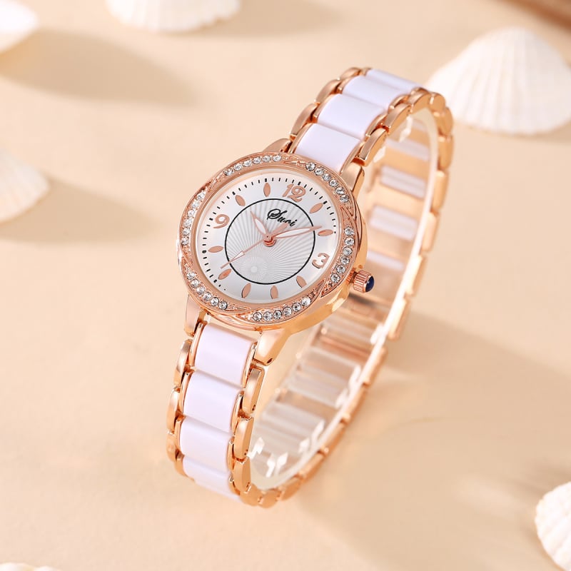 Ceas pentru femei cu curea ceramică, mișcare quartz, rezistență la apă 10 m, cadran rotund, afișaj analog