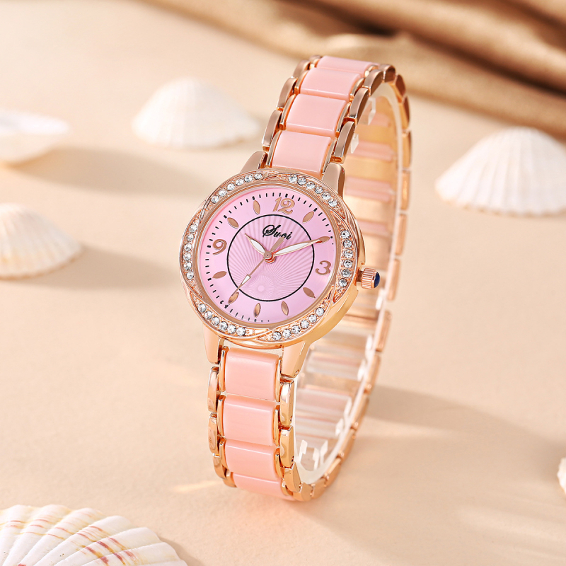 Ceas pentru femei cu curea ceramică, mișcare quartz, rezistență la apă 10 m, cadran rotund, afișaj analog