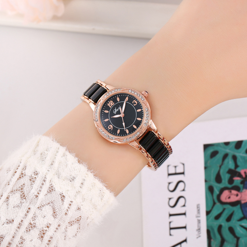 Ceas pentru femei cu curea ceramică, mișcare quartz, rezistență la apă 10 m, cadran rotund, afișaj analog