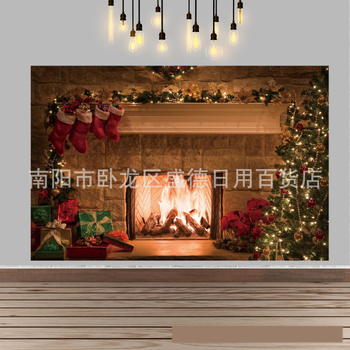 Ziemassvētku kamīna un Ziemassvētku eglītes foto fons, Ziemassvētku rotājumi un aksesuāri ģimenes ballītei, foto fona audums