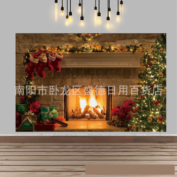 Ziemassvētku kamīna un Ziemassvētku eglītes foto fons, Ziemassvētku rotājumi un aksesuāri ģimenes ballītei, foto fona audums