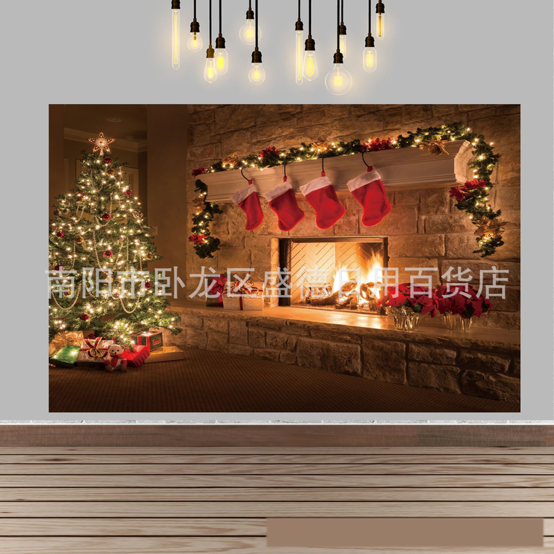 Ziemassvētku kamīna un Ziemassvētku eglītes foto fons, Ziemassvētku rotājumi un aksesuāri ģimenes ballītei, foto fona audums