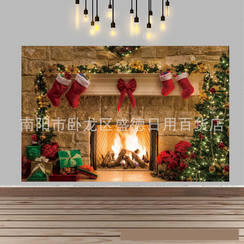 Ziemassvētku kamīna un Ziemassvētku eglītes foto fons, Ziemassvētku rotājumi un aksesuāri ģimenes ballītei, foto fona audums
