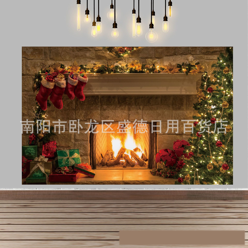 Ziemassvētku kamīna un Ziemassvētku eglītes foto fons, Ziemassvētku rotājumi un aksesuāri ģimenes ballītei, foto fona audums