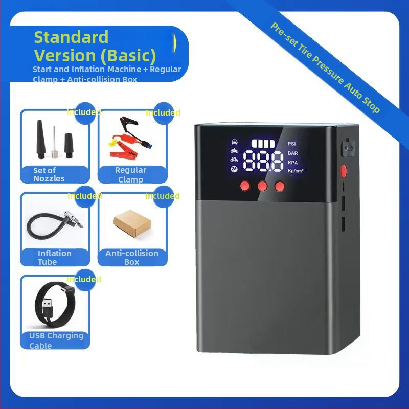 Q9 Automobilių avarinio įkrovimo šaltinis su oro siurbliu – 2-in-1 užvedimas ir pripūtim, didelė talpa; Funkcijos: įjungimas, pripūtim, apšvietimas, USB įkrovimas; tinka šeimos automobiliams; pritaikymas galimas