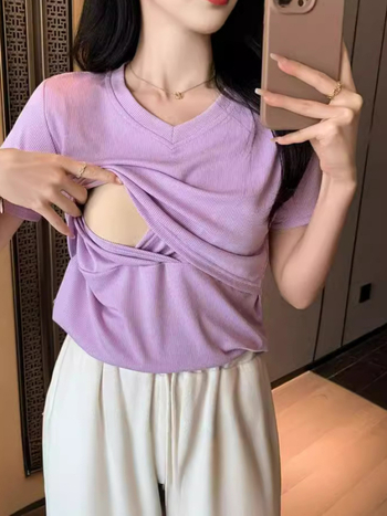 Tricou T cu decolteu în V, mâneci scurte, culoare solidă, poliester, croială lejeră, vară 2024