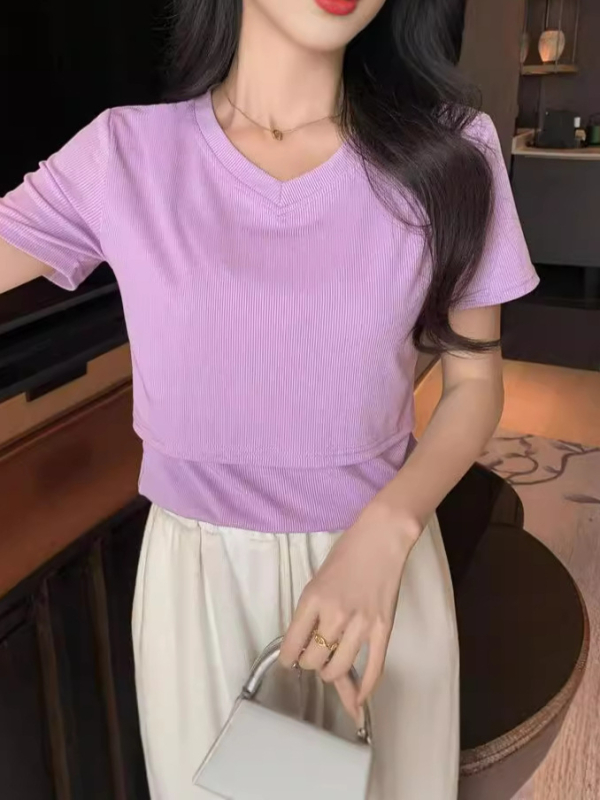 Tricou T cu decolteu în V, mâneci scurte, culoare solidă, poliester, croială lejeră, vară 2024