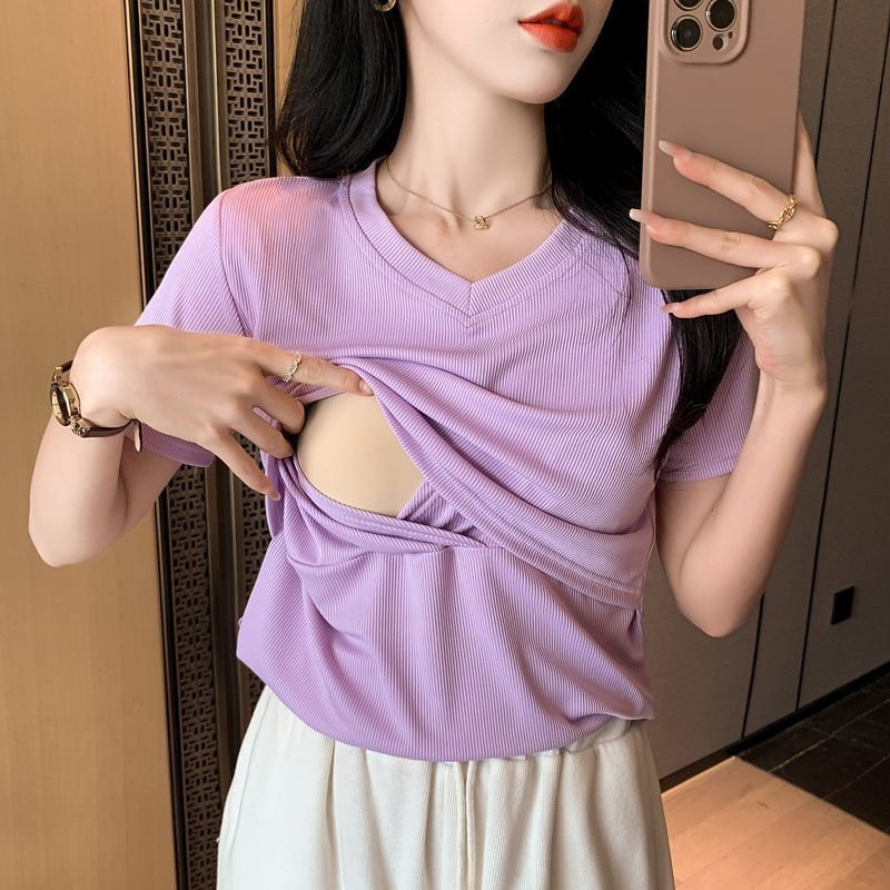 Tricou T cu decolteu în V, mâneci scurte, culoare solidă, poliester, croială lejeră, vară 2024