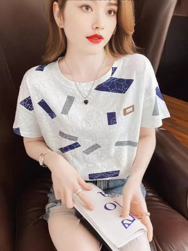 Ženski T-shirt s kratkim rukavima od milk silk, geometrijski uzorak, okrugli izrez, ležerni japansko-korejski stil