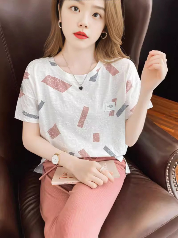 Ženski T-shirt s kratkim rukavima od milk silk, geometrijski uzorak, okrugli izrez, ležerni japansko-korejski stil
