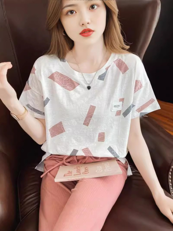 Ženski T-shirt s kratkim rukavima od milk silk, geometrijski uzorak, okrugli izrez, ležerni japansko-korejski stil