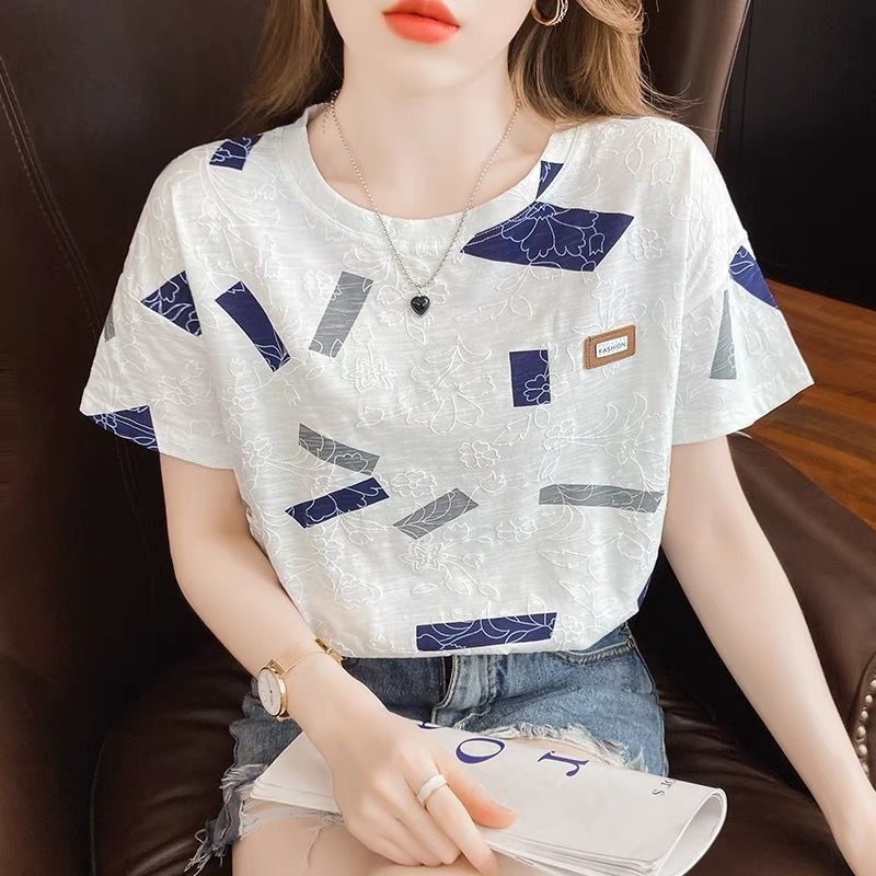 Ženski T-shirt s kratkim rukavima od milk silk, geometrijski uzorak, okrugli izrez, ležerni japansko-korejski stil