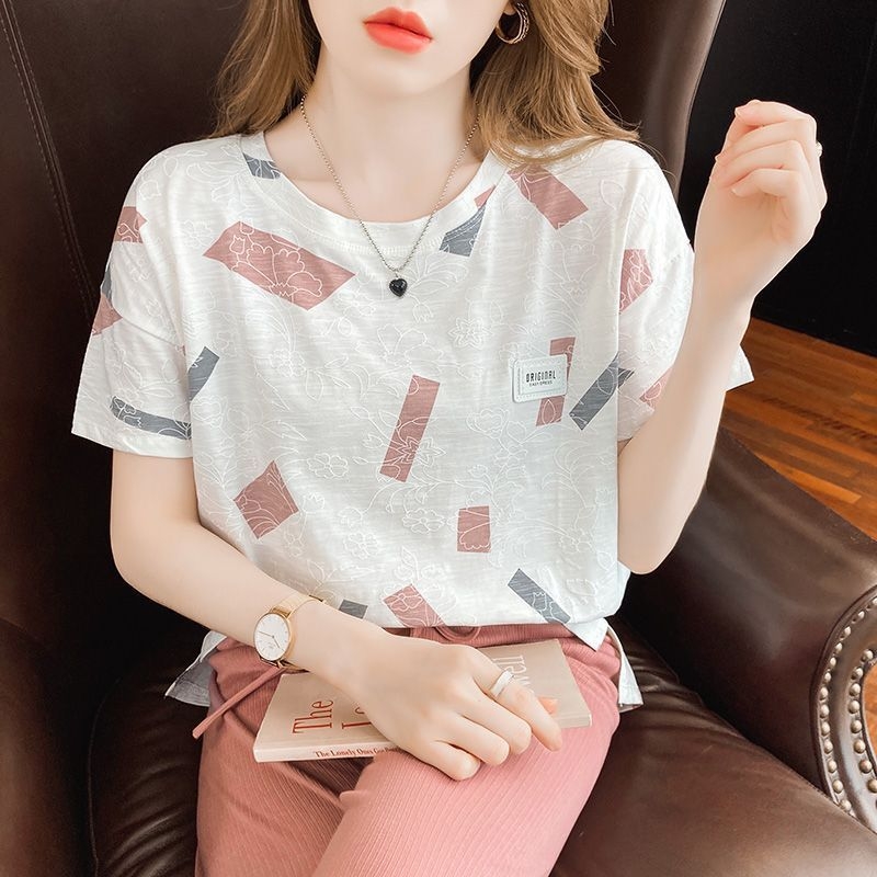 Ženski T-shirt s kratkim rukavima od milk silk, geometrijski uzorak, okrugli izrez, ležerni japansko-korejski stil