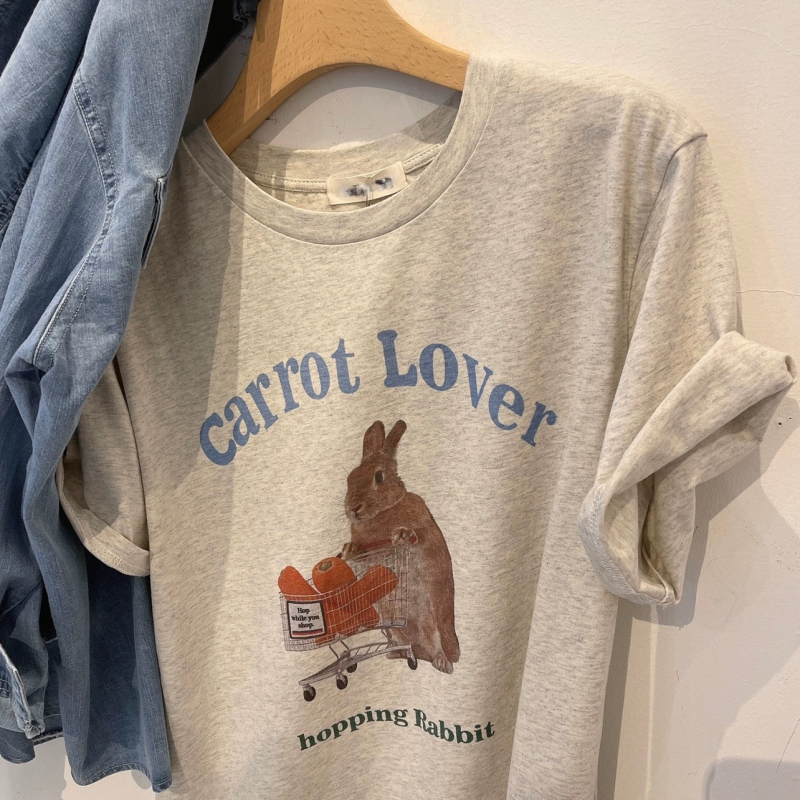 Tricou din bumbac cu imprimeu iepure, croială lejeră, mâneci scurte, guler rotund (bumbac 95%+, imprimeu iepure, croială lejeră, mâneci scurte, guler rotund)