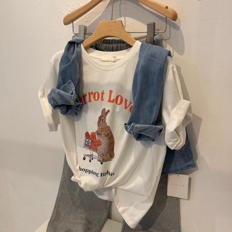 Tricou din bumbac cu imprimeu iepure, croială lejeră, mâneci scurte, guler rotund (bumbac 95%+, imprimeu iepure, croială lejeră, mâneci scurte, guler rotund)