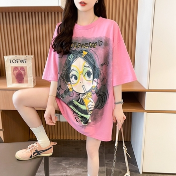 Ženski pamuk T-shirt, slobodan kroj, korejski stil, kratki rukavi, anime otisak