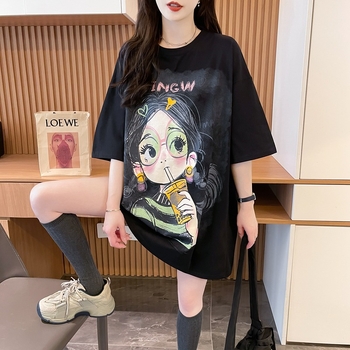 Ženski pamuk T-shirt, slobodan kroj, korejski stil, kratki rukavi, anime otisak