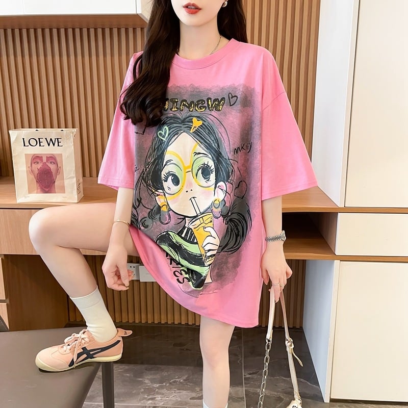 Ženski pamuk T-shirt, slobodan kroj, korejski stil, kratki rukavi, anime otisak