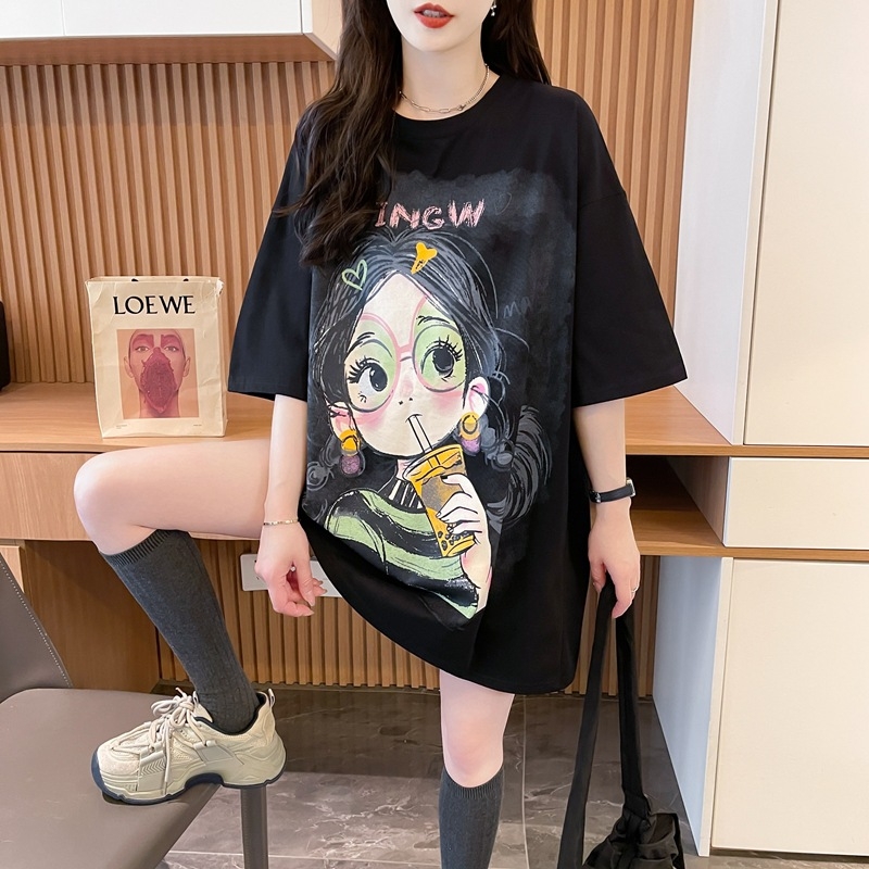 Ženski pamuk T-shirt, slobodan kroj, korejski stil, kratki rukavi, anime otisak