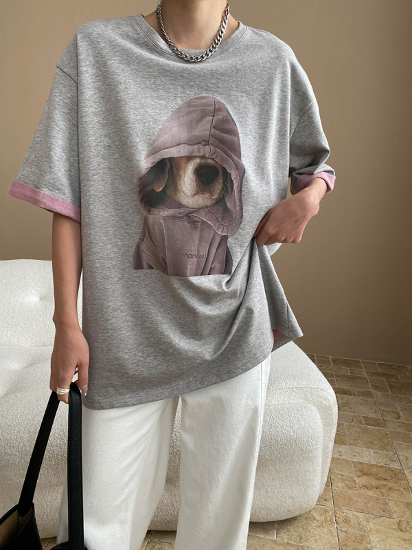 Tricou cu imprimeu cartoon, croială lejeră, mâneci scurte, guler rotund, stil urban pentru naveta zilnică