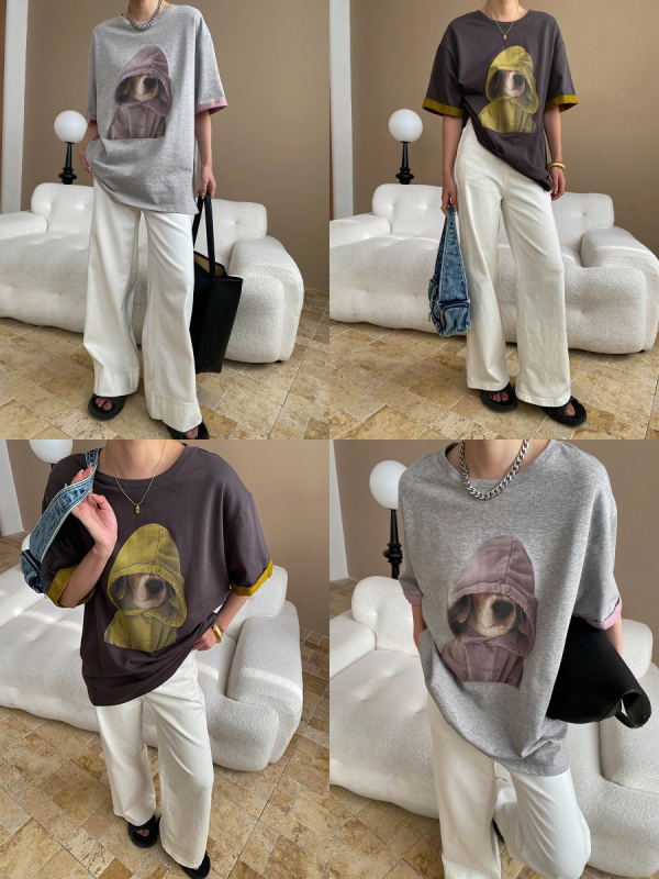 Tricou cu imprimeu cartoon, croială lejeră, mâneci scurte, guler rotund, stil urban pentru naveta zilnică