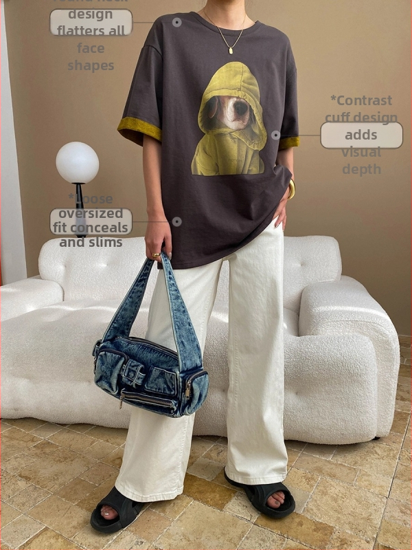 Tricou cu imprimeu cartoon, croială lejeră, mâneci scurte, guler rotund, stil urban pentru naveta zilnică