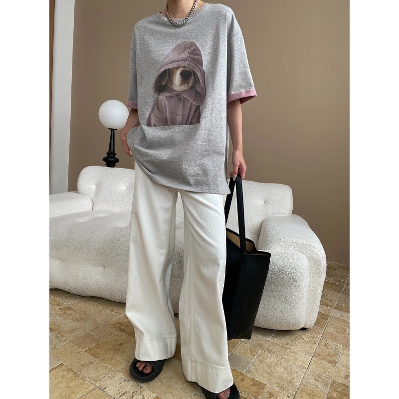 Tricou cu imprimeu cartoon, croială lejeră, mâneci scurte, guler rotund, stil urban pentru naveta zilnică