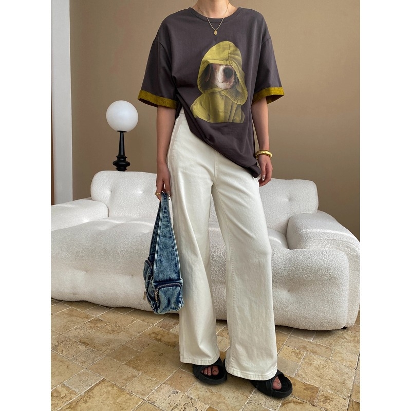 Tricou cu imprimeu cartoon, croială lejeră, mâneci scurte, guler rotund, stil urban pentru naveta zilnică