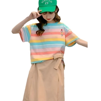 Dječja majica s prugama, kratki rukavi, okrugli izrez, ležerni kroj, pulover stil