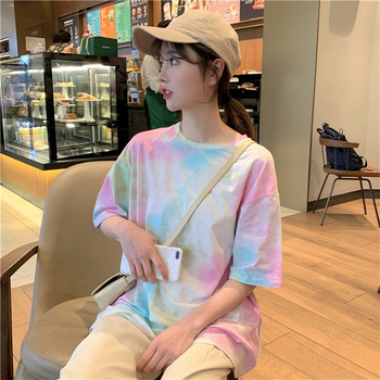 Majica s floralnim printom i tie-dye, poliester i spandeks, Harajuku stil, slobodan kroj, okrugli izrez