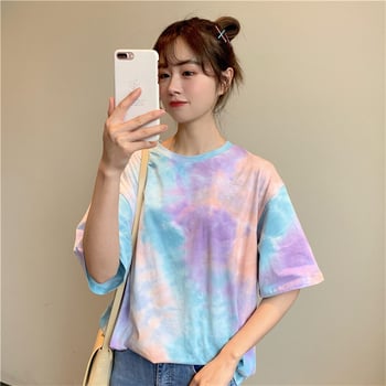 Majica s floralnim printom i tie-dye, poliester i spandeks, Harajuku stil, slobodan kroj, okrugli izrez