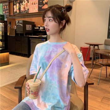 Majica s floralnim printom i tie-dye, poliester i spandeks, Harajuku stil, slobodan kroj, okrugli izrez