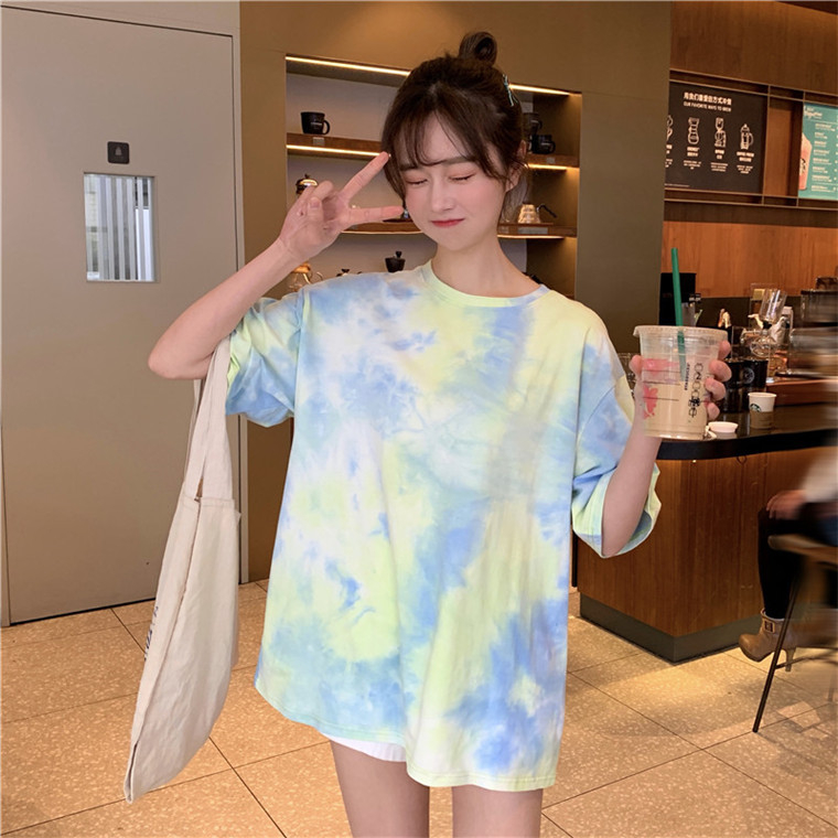 Majica s floralnim printom i tie-dye, poliester i spandeks, Harajuku stil, slobodan kroj, okrugli izrez