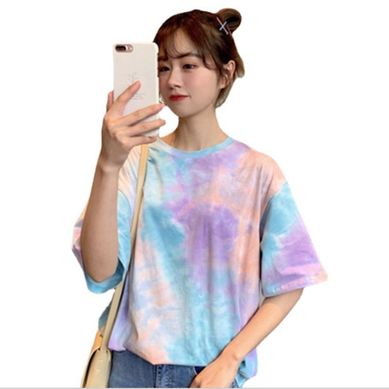 Majica s floralnim printom i tie-dye, poliester i spandeks, Harajuku stil, slobodan kroj, okrugli izrez