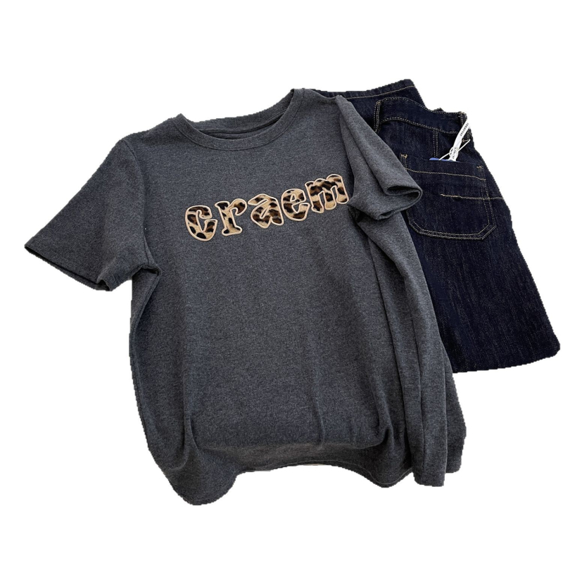 Tricou din bumbac cu elastan, model litere/text, croială lejeră, mâneci scurte, guler rotund