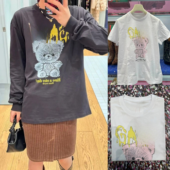 Tricou din bumbac 95%+, imprimare vintage cu ursuleț și litere, mâneci scurte, guler rotund, croi normal — Primăvara 2025