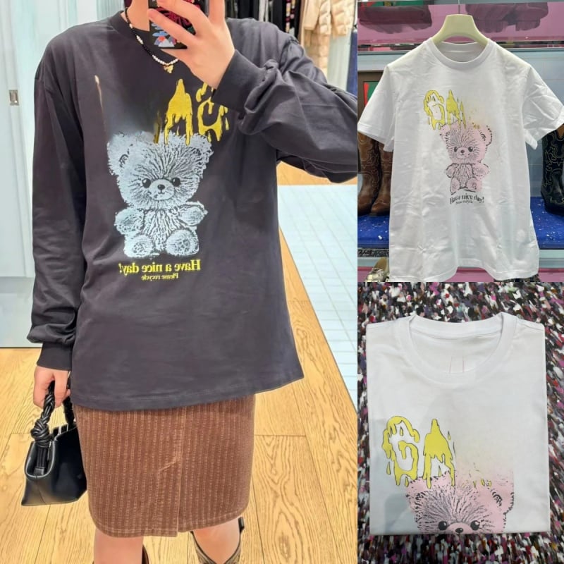 Tricou din bumbac 95%+, imprimare vintage cu ursuleț și litere, mâneci scurte, guler rotund, croi normal — Primăvara 2025