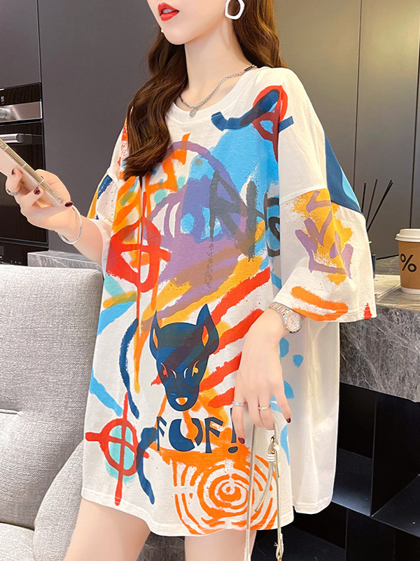 Tricou graffiti pentru femei, mâneci scurte, guler rotund, amestec bumbac-poliester, croială lejeră