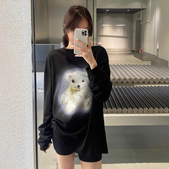 Tricou cu mânecă lungă, imprimeu cu urs, bumbac 95%+, croială lejeră, guler rotund, stil casual