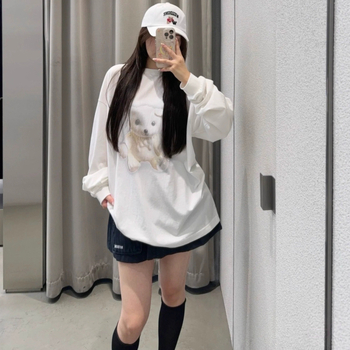 Tricou cu mânecă lungă, imprimeu cu urs, bumbac 95%+, croială lejeră, guler rotund, stil casual