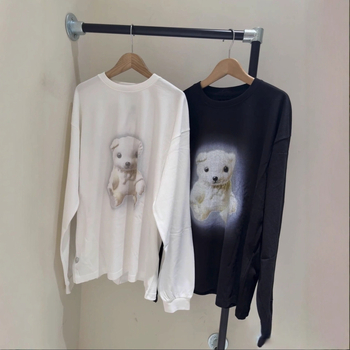 Tricou cu mânecă lungă, imprimeu cu urs, bumbac 95%+, croială lejeră, guler rotund, stil casual