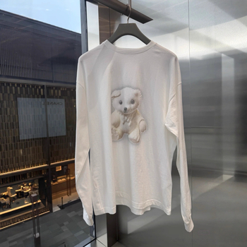 Tricou cu mânecă lungă, imprimeu cu urs, bumbac 95%+, croială lejeră, guler rotund, stil casual