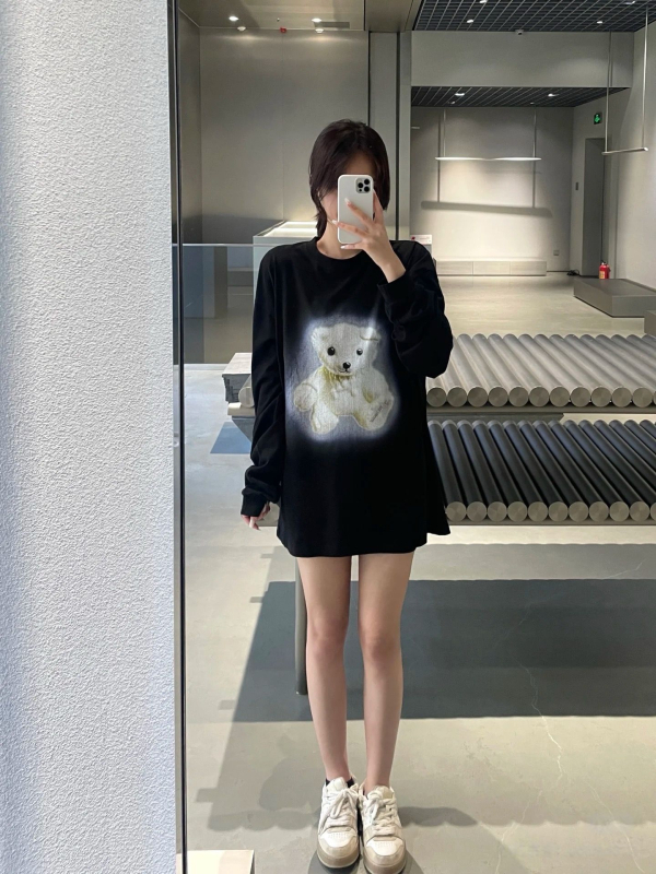 Tricou cu mânecă lungă, imprimeu cu urs, bumbac 95%+, croială lejeră, guler rotund, stil casual