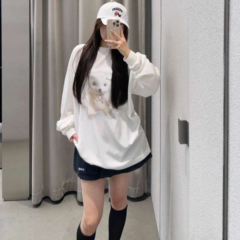 Tricou cu mânecă lungă, imprimeu cu urs, bumbac 95%+, croială lejeră, guler rotund, stil casual