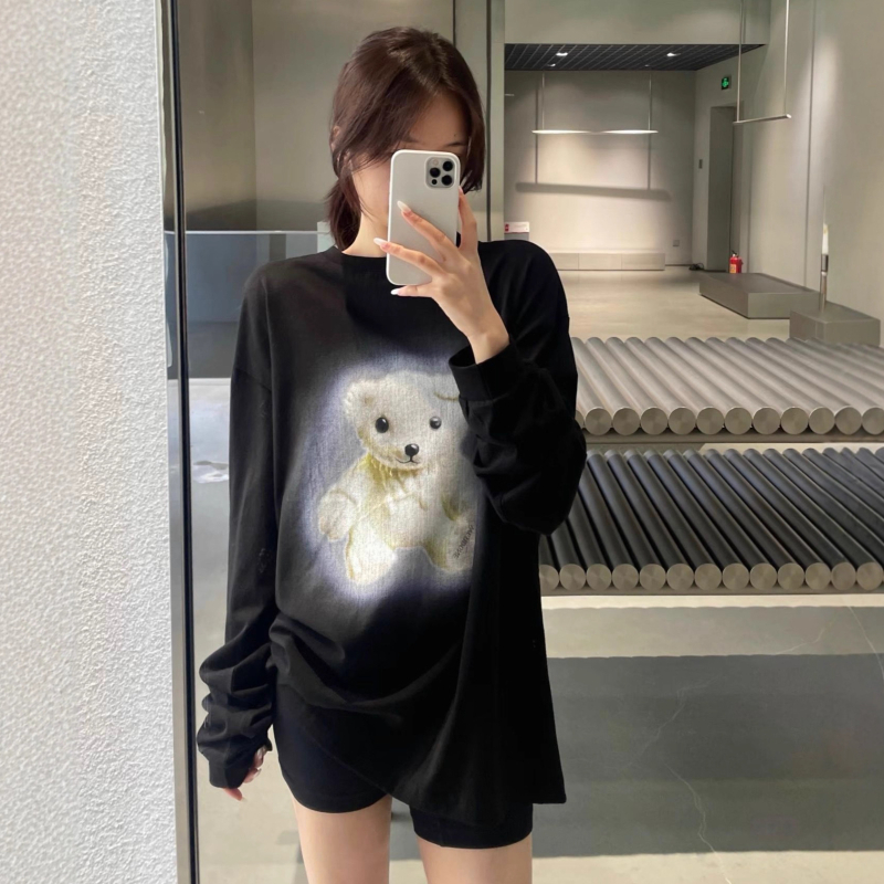 Tricou cu mânecă lungă, imprimeu cu urs, bumbac 95%+, croială lejeră, guler rotund, stil casual