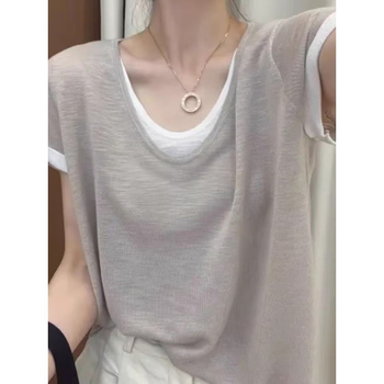 Tricou T cu guler rotund și mâneci scurte, culoare solidă, stil casual, lungime 50–65 cm, Vara 2025